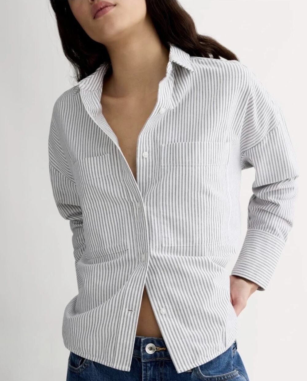Everlane Womens Oxford Shirt S The Boxy Gray White Organic Cotton Long Sleeve